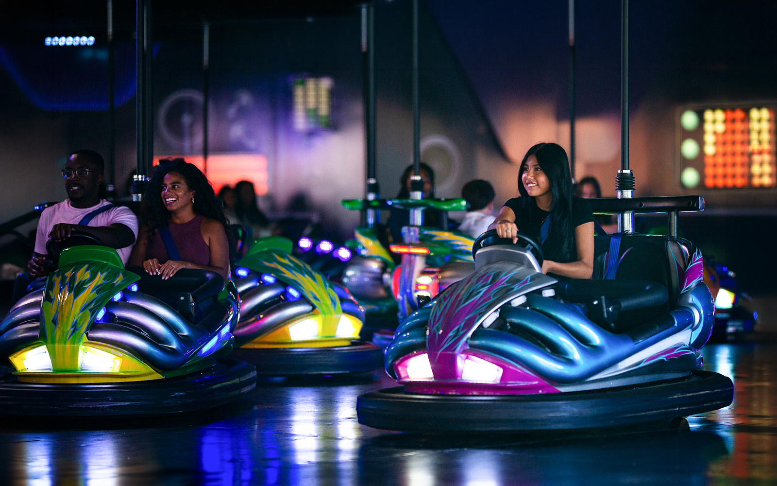 Bumper cars at Six Flags Carowinds' Hover and Dodge attraction.