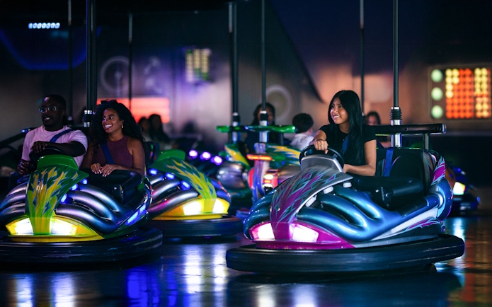 Bumper cars at Six Flags Carowinds' Hover and Dodge attraction.