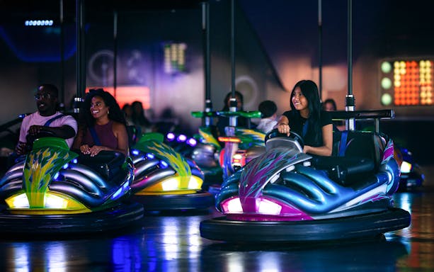 Bumper cars at Six Flags Carowinds' Hover and Dodge attraction.