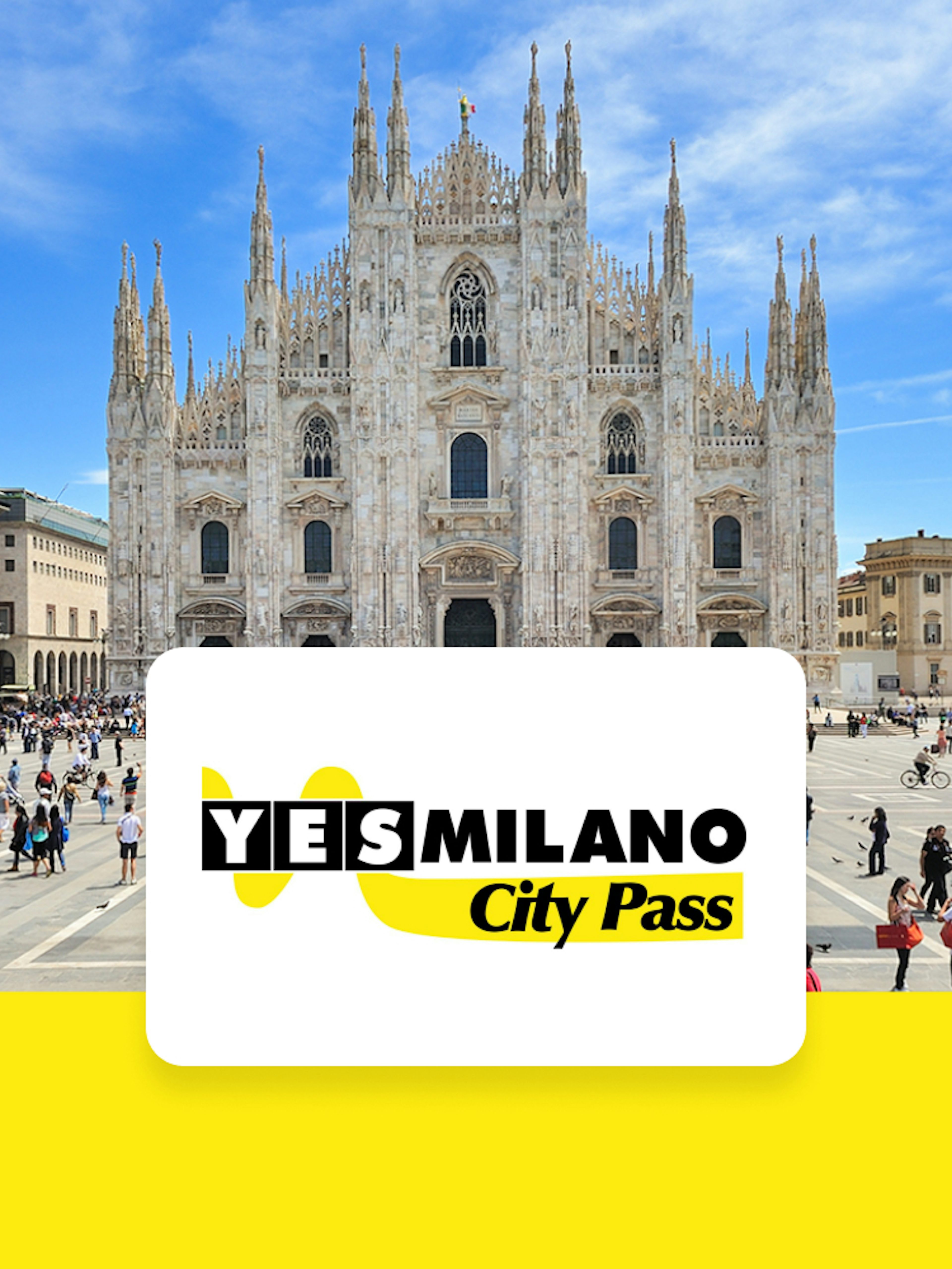 Milano Duomo with YesMilano City Pass logo in foreground.