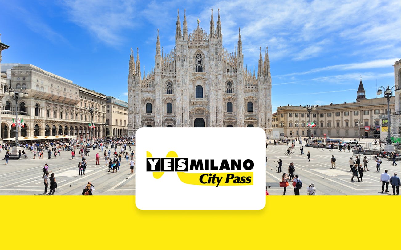 Milano Duomo with YesMilano City Pass logo in foreground.