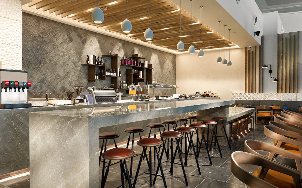 Plaza Premium Lounge bar area with seating and beverage station.