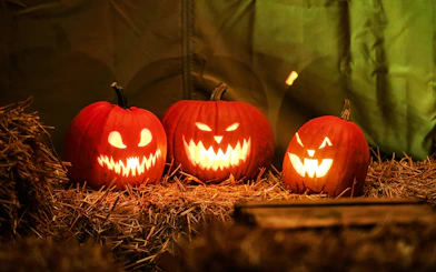 Carved jack-o'-lanterns on hay bales at Halloween event in Heide Park.