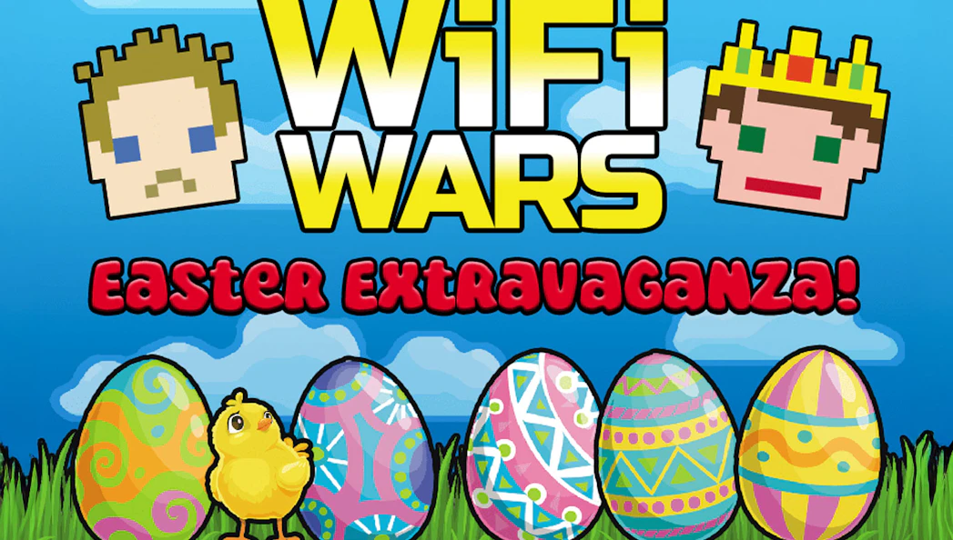 WiFi Wars Easter Extravaganza logo with decorated eggs and a chick.