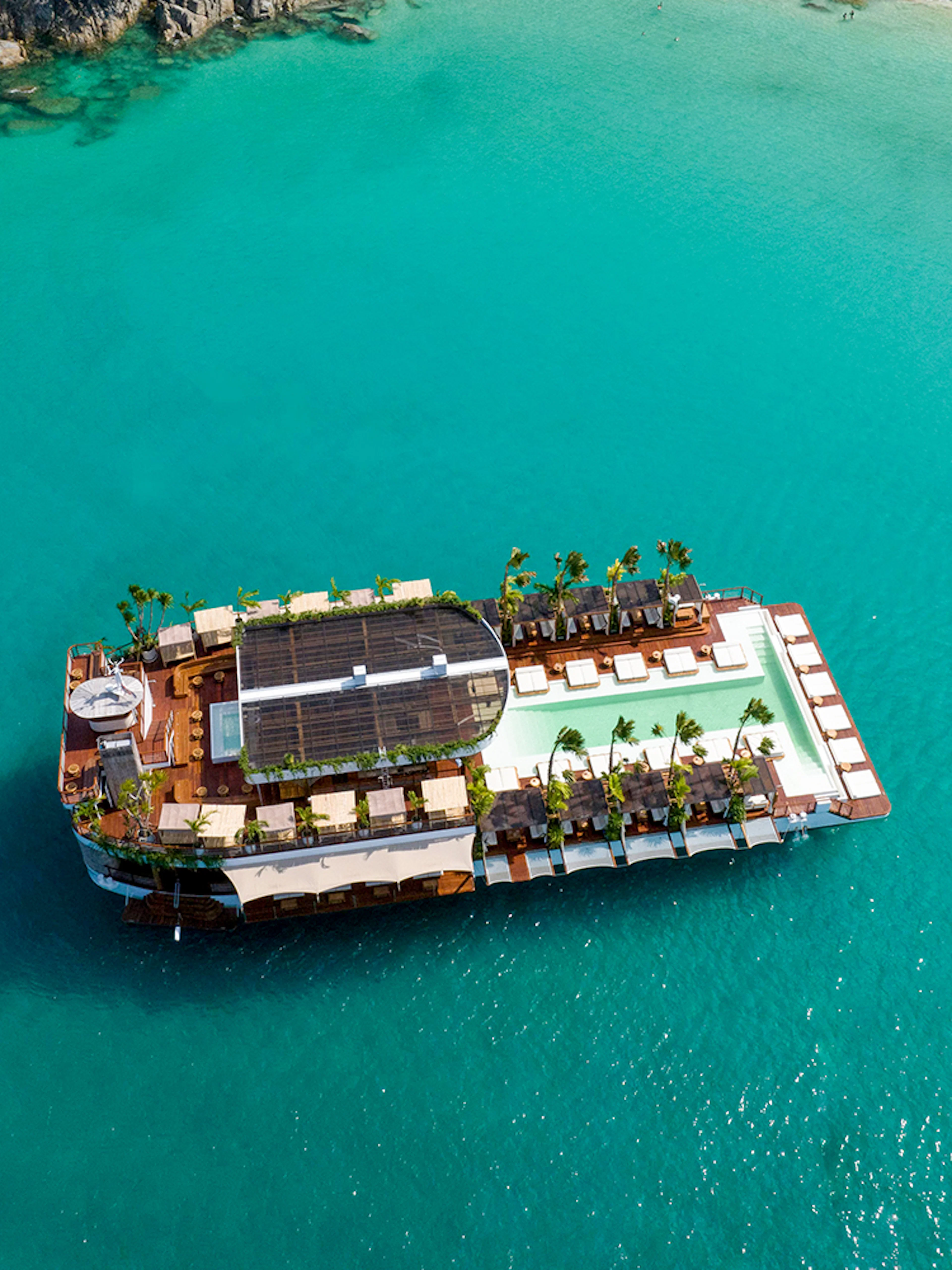 Floating beach club on turquoise waters, Yona Beach Club, Phuket.