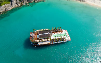 Floating beach club on turquoise waters, Yona Beach Club, Phuket.
