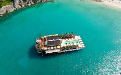 Floating beach club on turquoise waters, Yona Beach Club, Phuket.