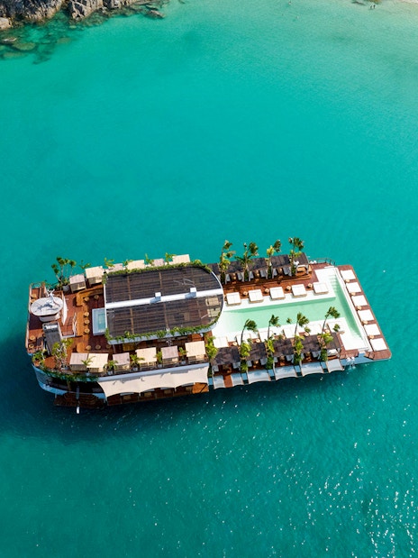 Floating beach club on turquoise waters, Yona Beach Club, Phuket.