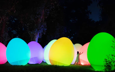 Visitors interacting with colorful digital art installations at teamLab Botanical Garden, Osaka.