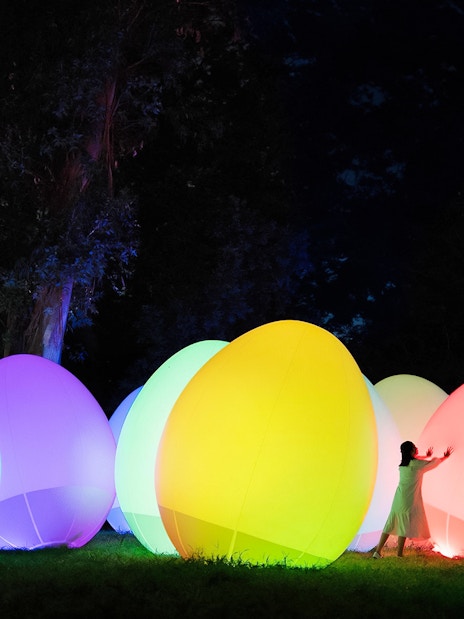 Visitors interacting with colorful digital art installations at teamLab Botanical Garden, Osaka.