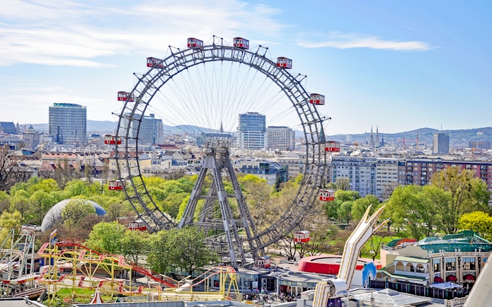 Vienna's Giant Ferris Wheel with cityscape view, part of the Big Bus: Vienna Hop-On Hop-Off Bus Tour.