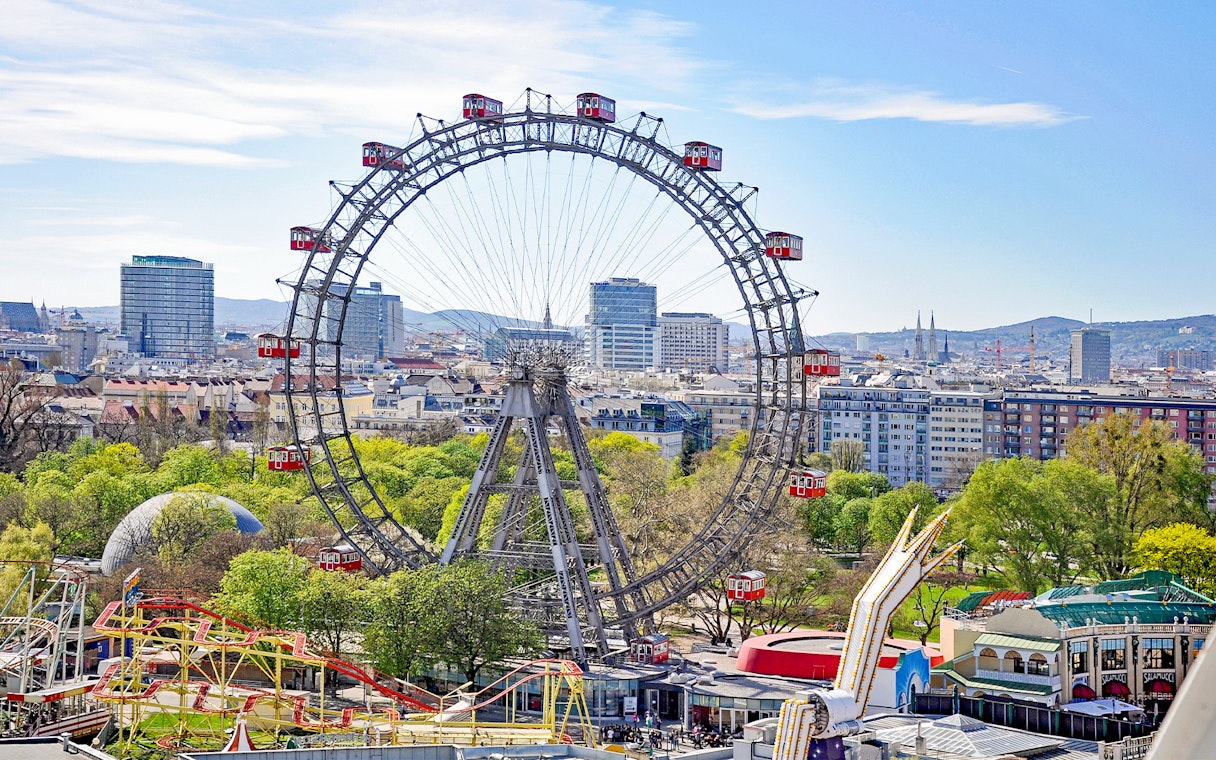 Vienna's Giant Ferris Wheel with cityscape view, part of the Big Bus: Vienna Hop-On Hop-Off Bus Tour.