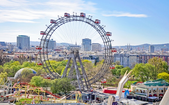 Vienna's Giant Ferris Wheel with cityscape view, part of the Big Bus: Vienna Hop-On Hop-Off Bus Tour.