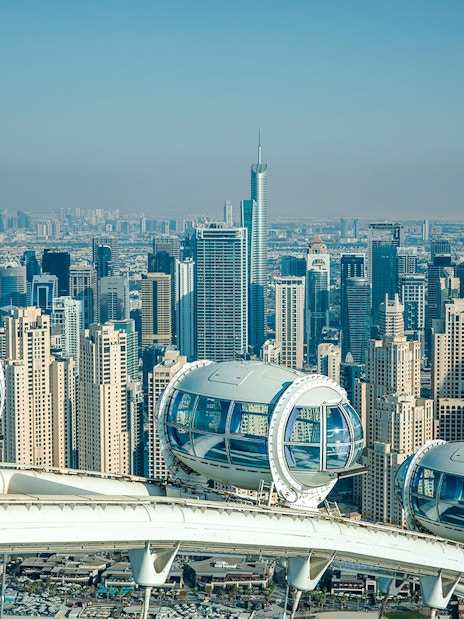 Ain Dubai pods overlooking Dubai skyline with skyscrapers in the background.