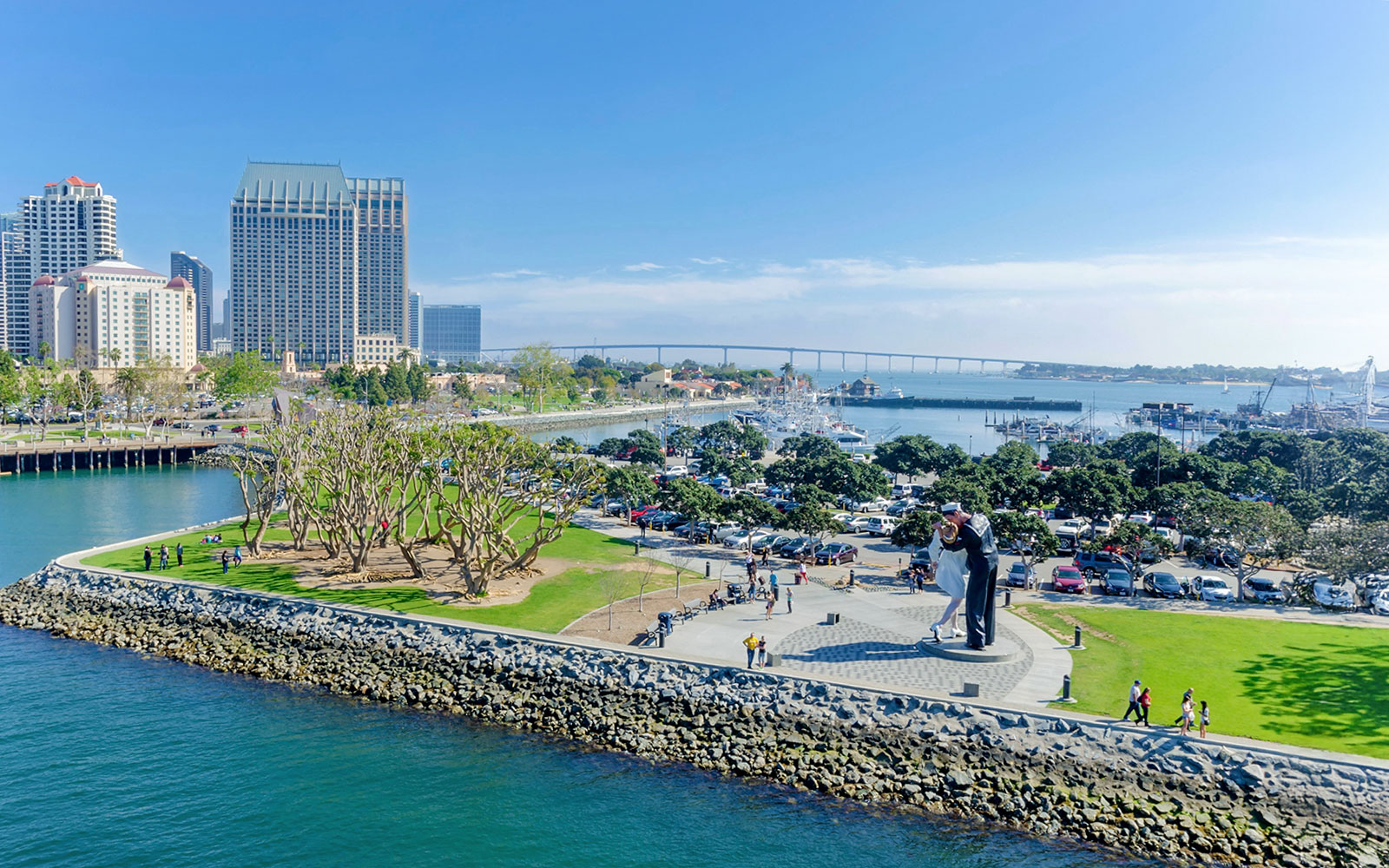 USS Midway Museum view with Unconditional Surrender statue in San Diego, California.