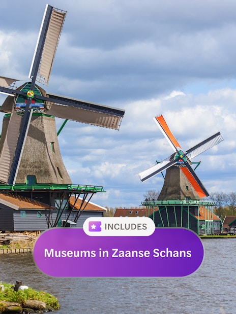 Windmills by the water in Zaanse Schans, Netherlands, included in I Amsterdam City Card.