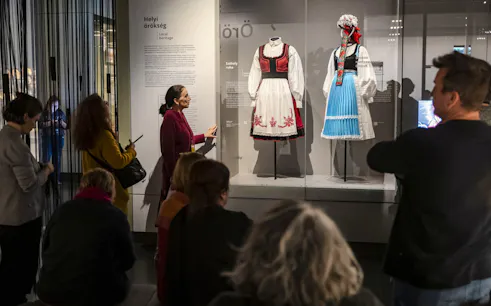 Traditional Hungarian costumes on display at Museum of Ethnography, Budapest exhibition.