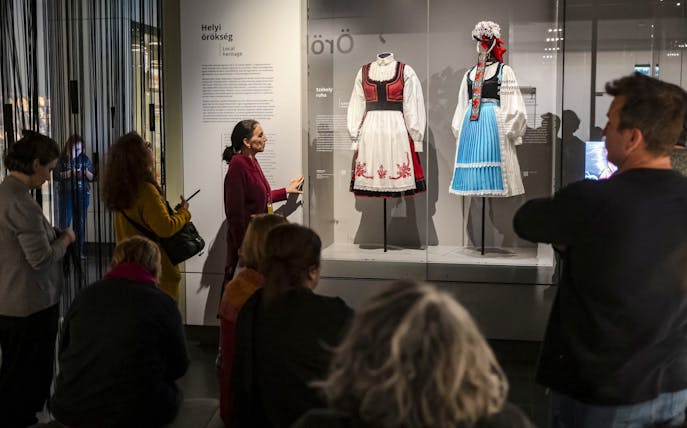 Traditional Hungarian costumes on display at Museum of Ethnography, Budapest exhibition.