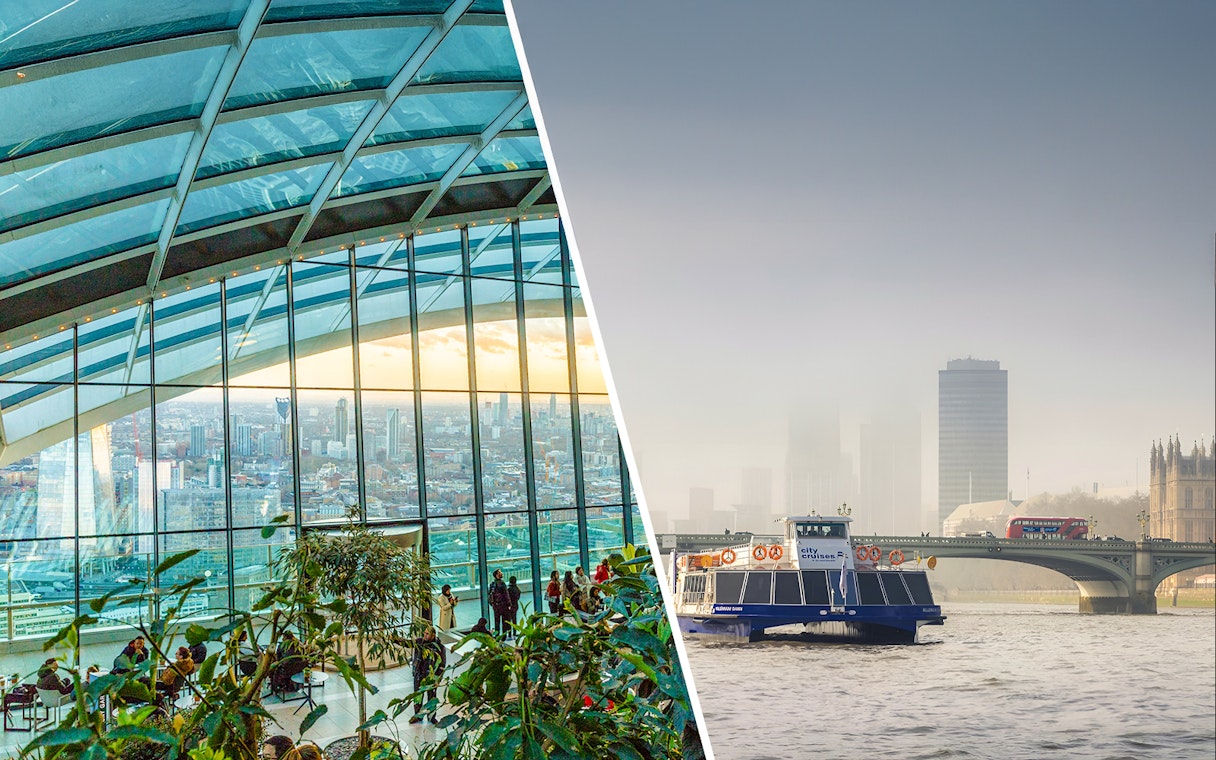 Visitors enjoying the view at Sky Garden, London with cityscape in the background.