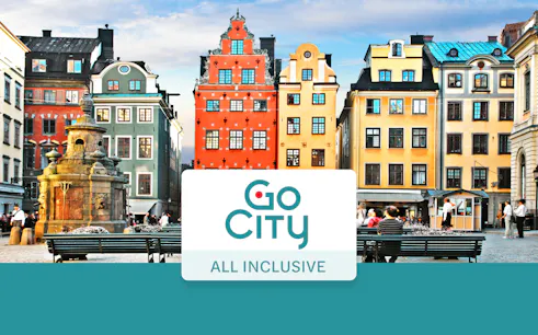 Colorful buildings in Stockholm's Gamla Stan with Go City All-Inclusive Pass sign.