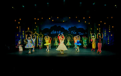 Ballet dancers performing The Nutcracker at Tivoli Gardens stage.
