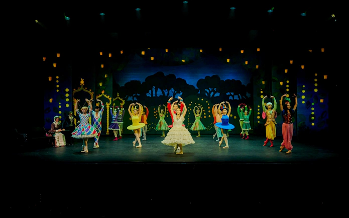 Ballet dancers performing The Nutcracker at Tivoli Gardens stage.