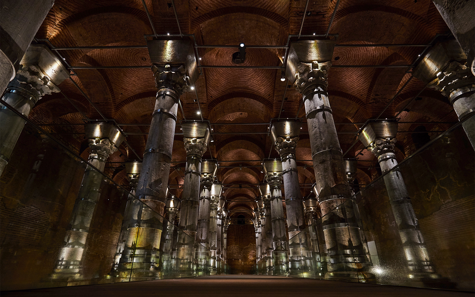 Illuminated columns inside Theodosius Cistern, Istanbul.