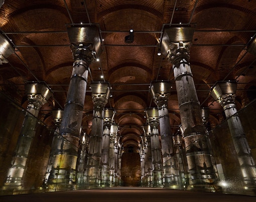 Illuminated columns inside Theodosius Cistern, Istanbul.