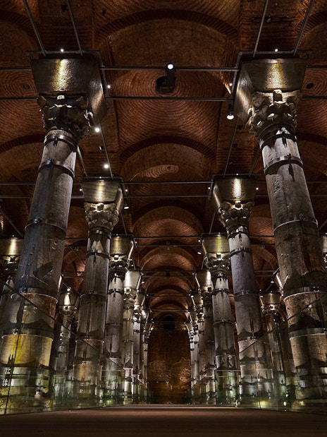 Illuminated columns inside Theodosius Cistern, Istanbul.