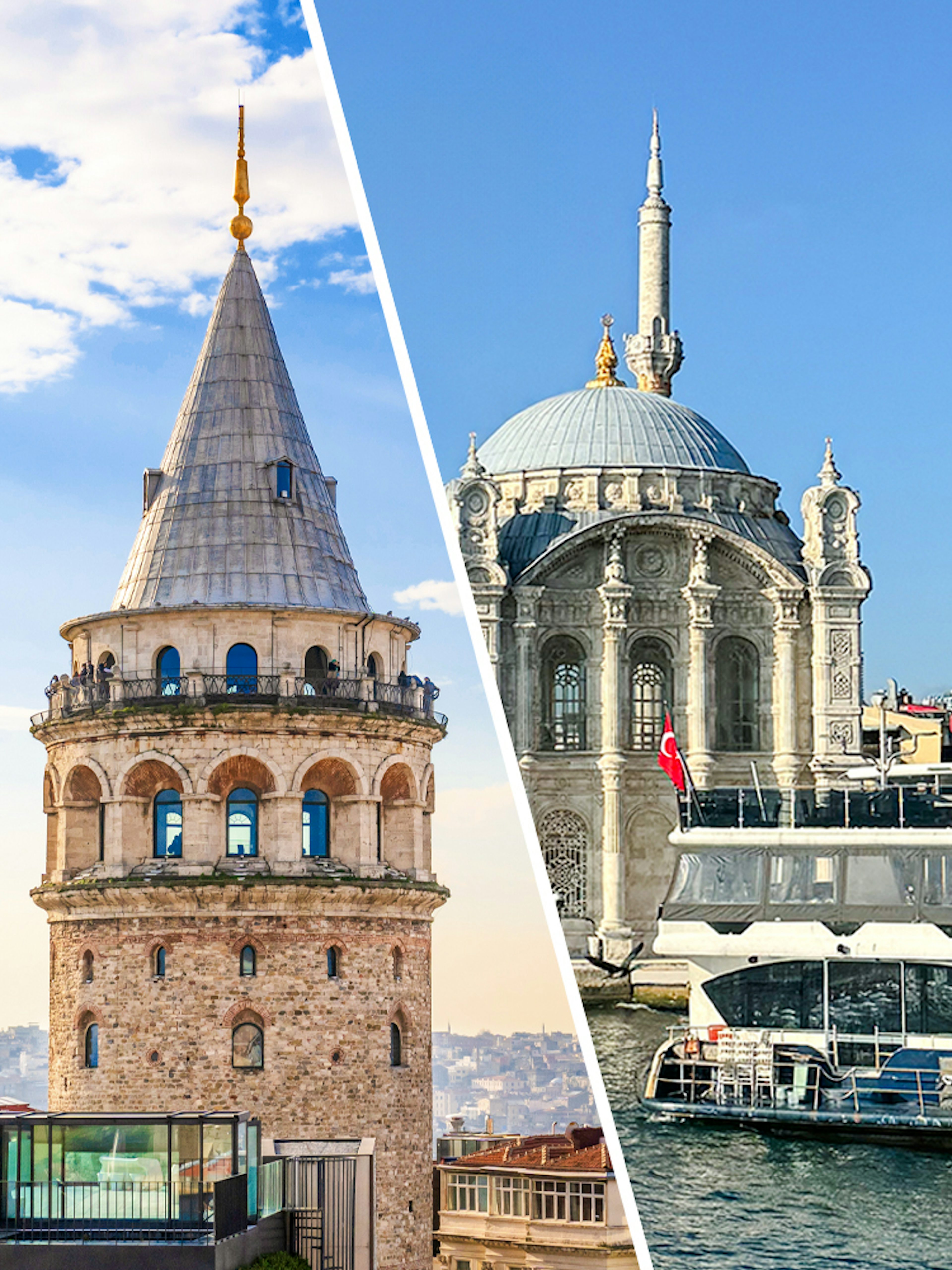 Galata Tower and Bosphorus cruise ship in Istanbul, Turkey.
