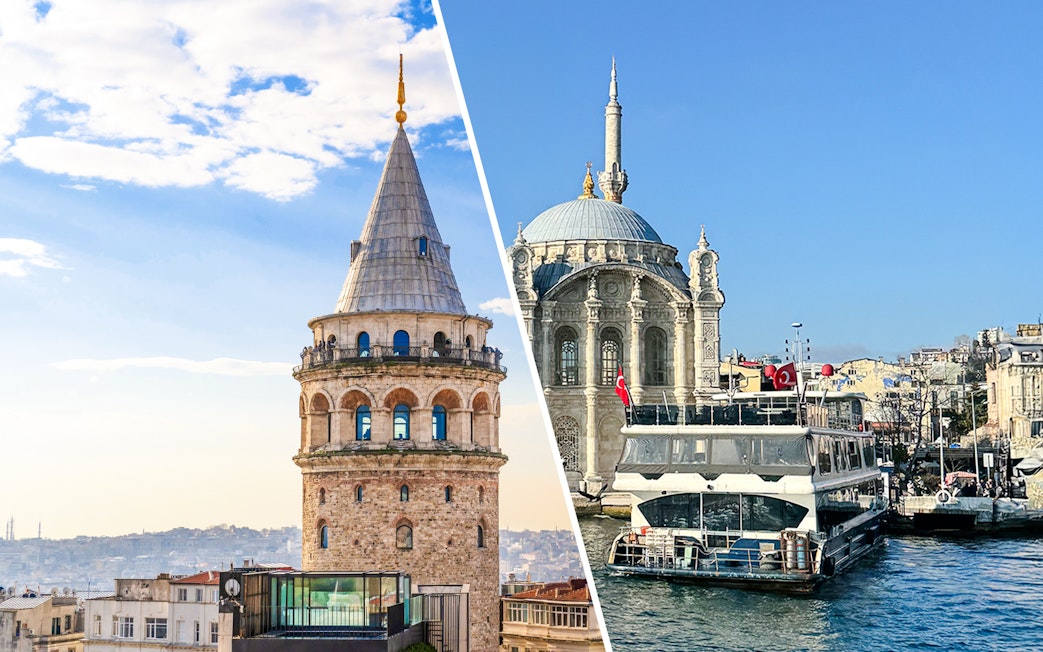 Galata Tower and Bosphorus cruise ship in Istanbul, Turkey.