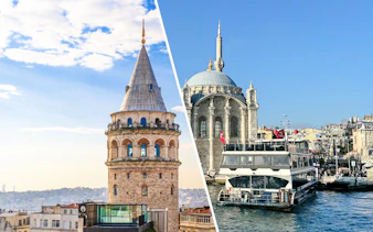 Galata Tower and Bosphorus cruise ship in Istanbul, Turkey.