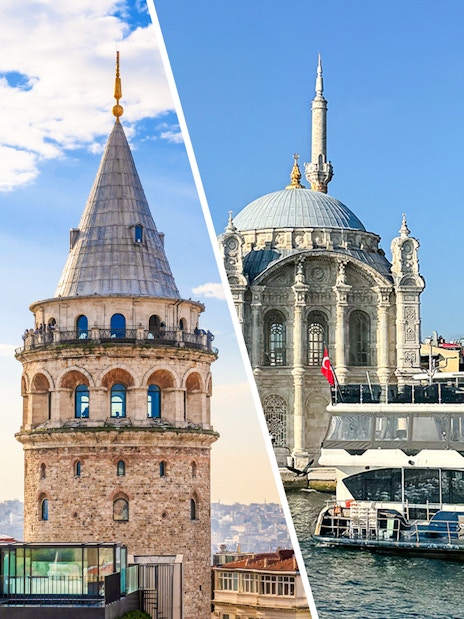 Galata Tower and Bosphorus cruise ship in Istanbul, Turkey.