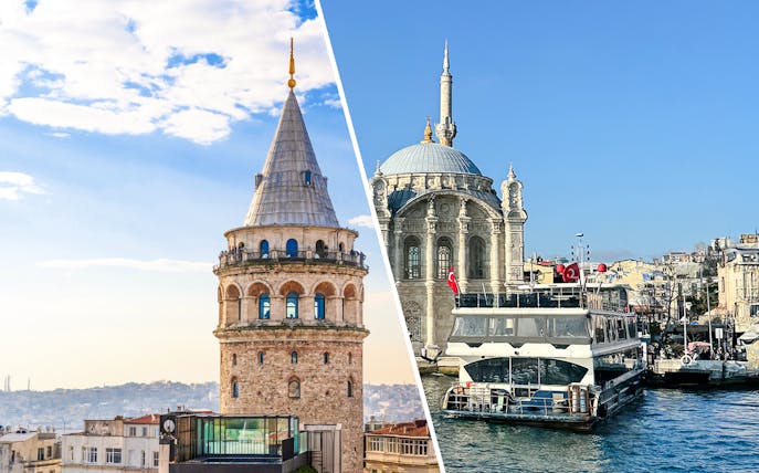 Galata Tower and Bosphorus cruise ship in Istanbul, Turkey.