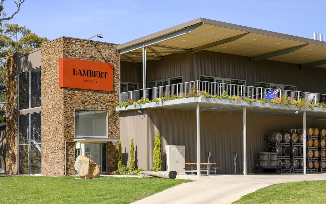 Lambert Estate winery building with wine barrels, Barossa Valley.