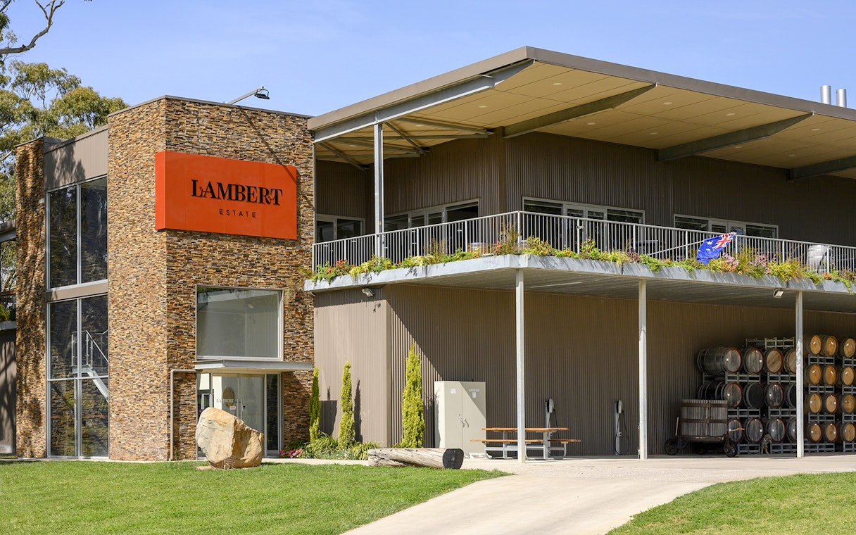 Lambert Estate winery building with wine barrels, Barossa Valley.