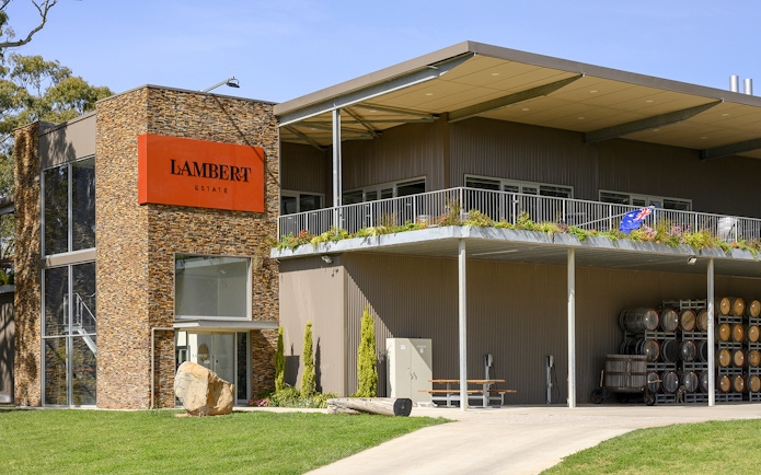 Lambert Estate winery building with wine barrels, Barossa Valley.