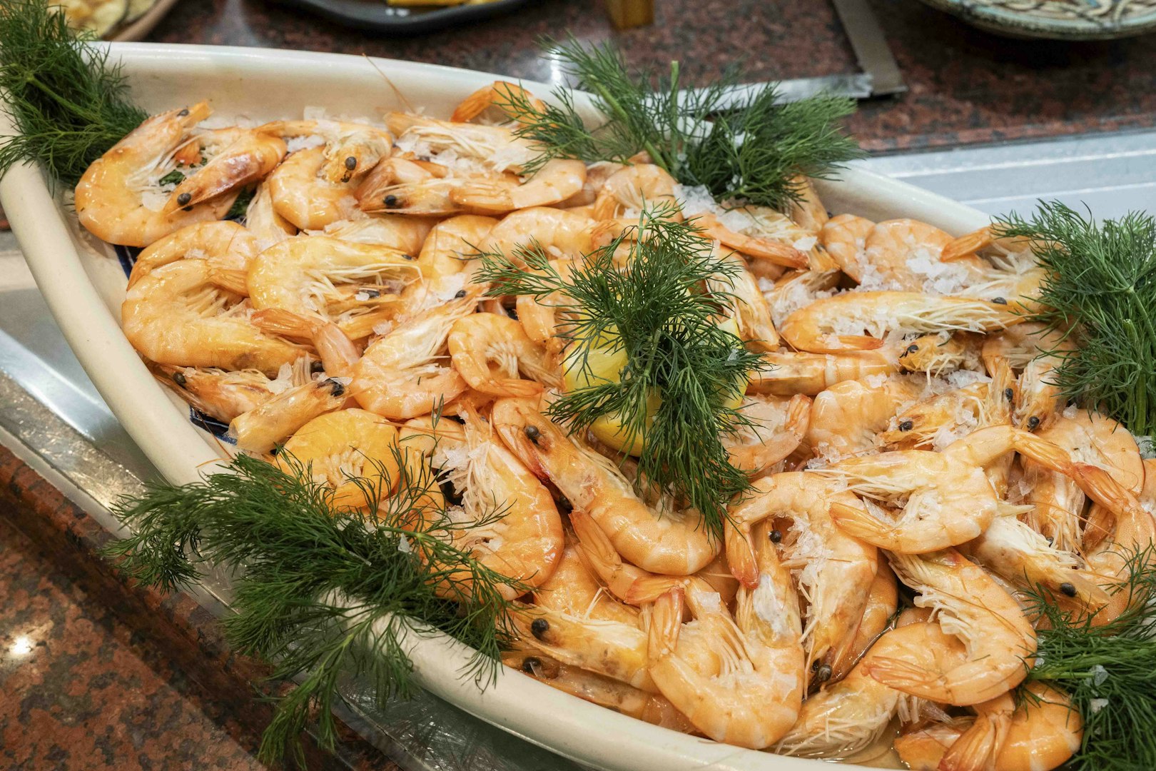 Shrimp platter garnished with dill at Tablao Cordobes.
