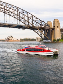 Sydney Harbour cruise boat passing under Harbour Bridge with Opera House in background.