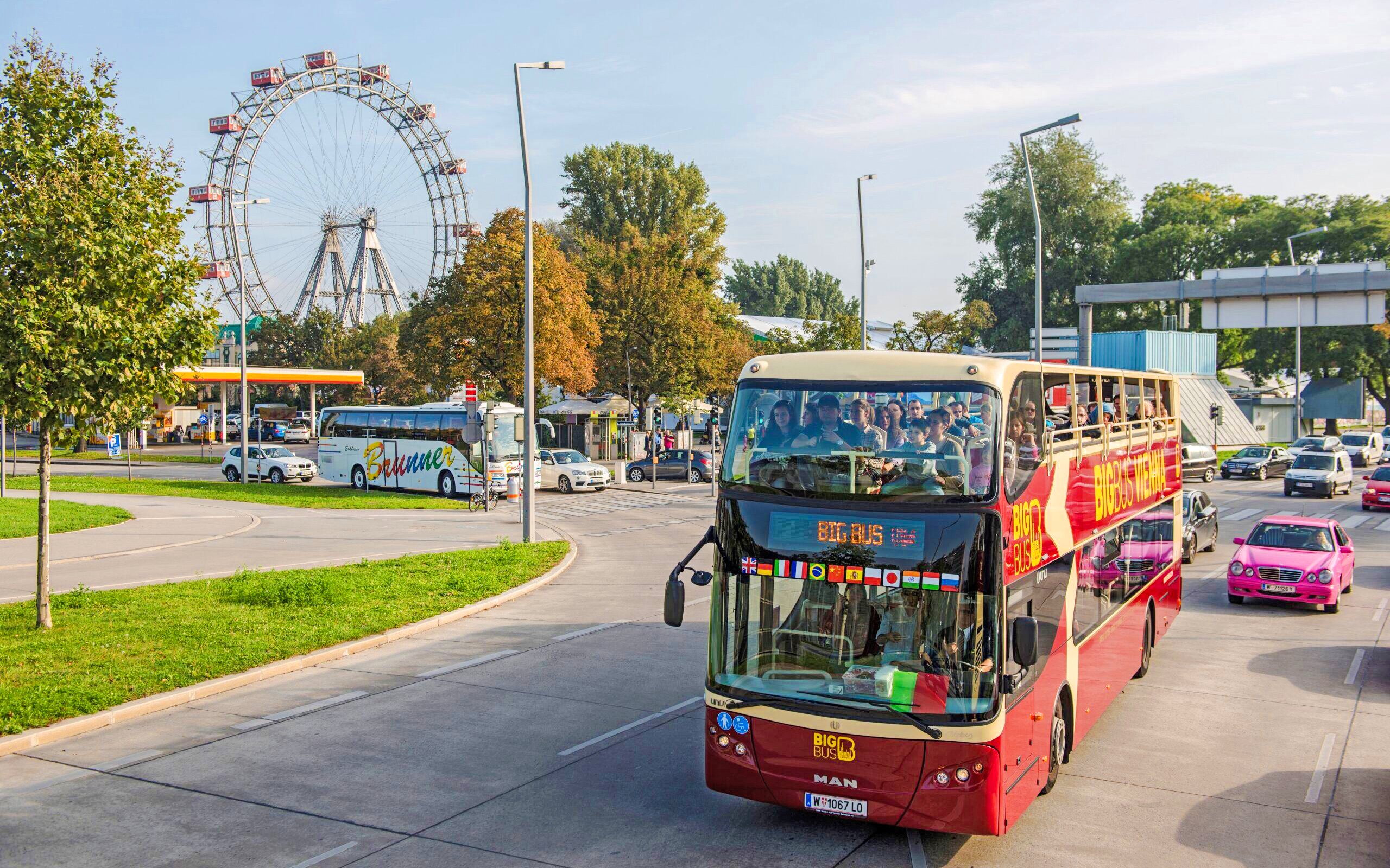 Hop-on hop-off bus near Prater Ferris Wheel, Vienna.