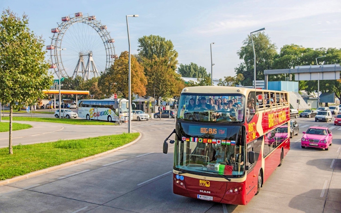 Hop-on hop-off bus near Prater Ferris Wheel, Vienna.