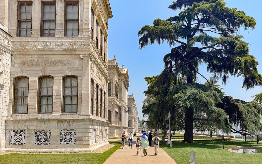 Walkway through Dolmabahçe Palace gardens with visitors and large tree, Istanbul.