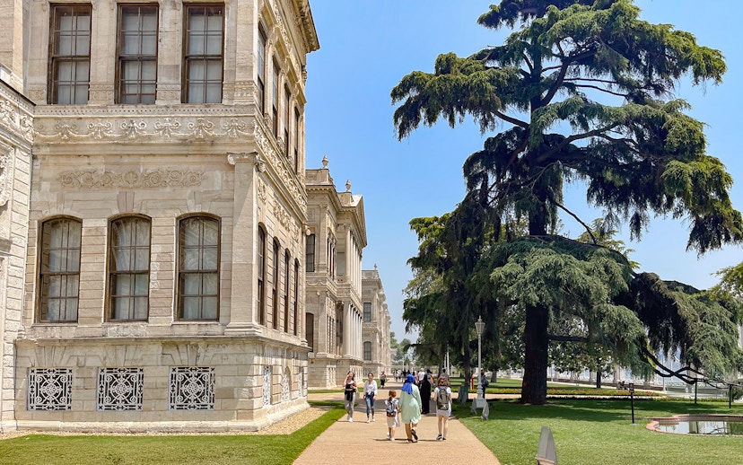 Walkway through Dolmabahçe Palace gardens with visitors and large tree, Istanbul.