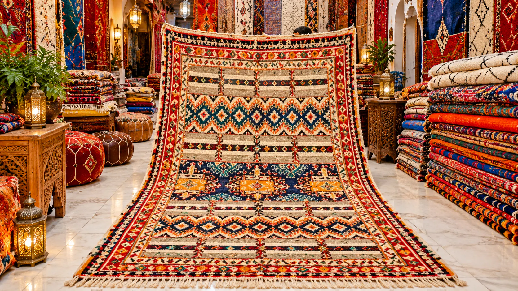 Moroccan rug displayed in a Tangier market during a shopping tour.