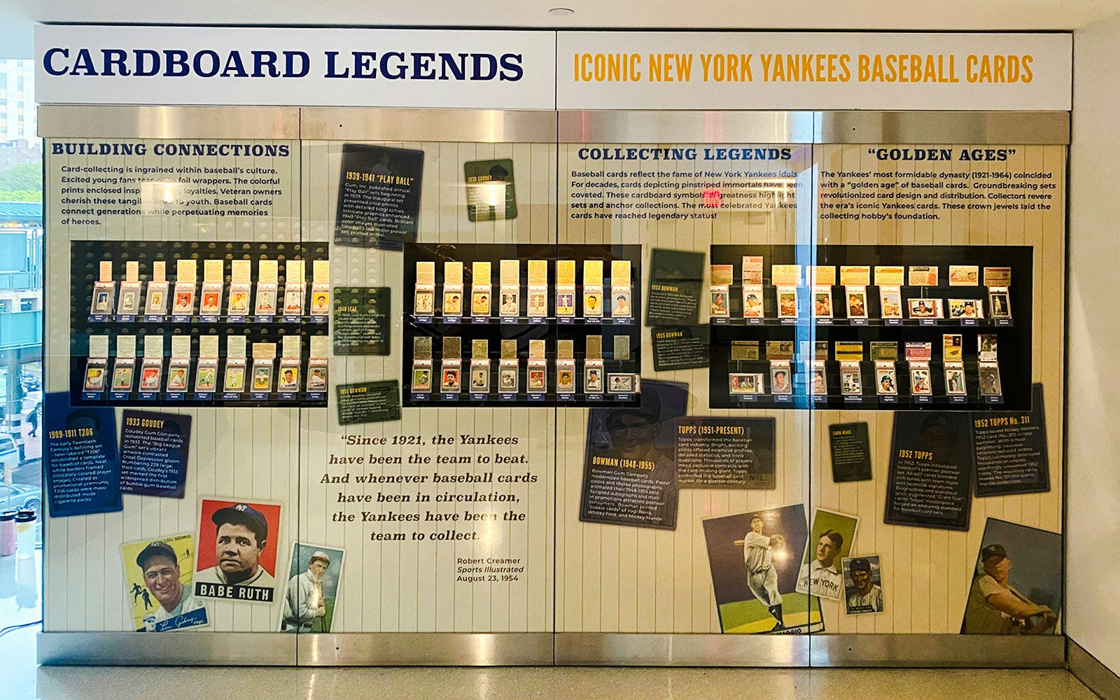 Yankees baseball card exhibit at Classic Stadium Tour featuring historic player cards.