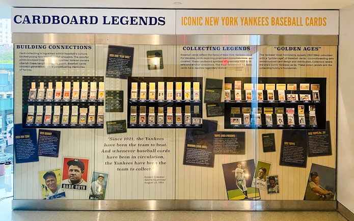 Yankees baseball card exhibit at Classic Stadium Tour featuring historic player cards.