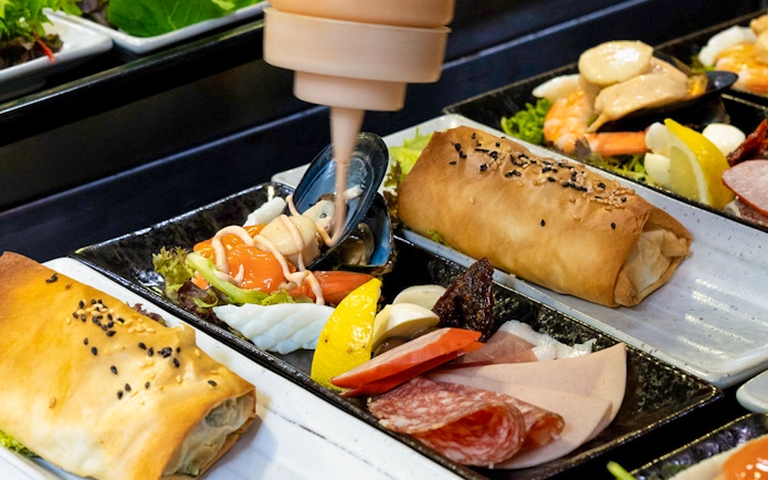 Gourmet seafood and pastry dishes served at Spirit of Melbourne Cruising Restaurant.