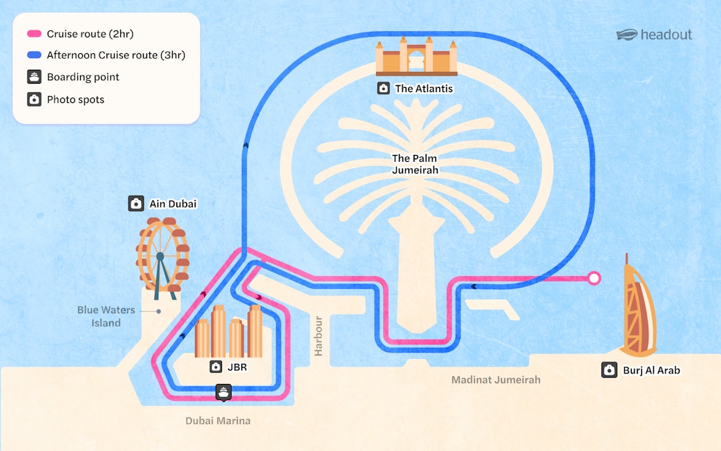 Cruise routes from Dubai Marina to Palm Jumeirah, Atlantis, Ain Dubai, and Burj Al Arab.