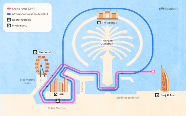 Cruise routes from Dubai Marina to Palm Jumeirah, Atlantis, Ain Dubai, and Burj Al Arab.