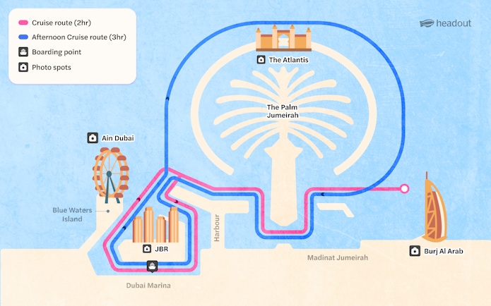Cruise routes from Dubai Marina to Palm Jumeirah, Atlantis, Ain Dubai, and Burj Al Arab.